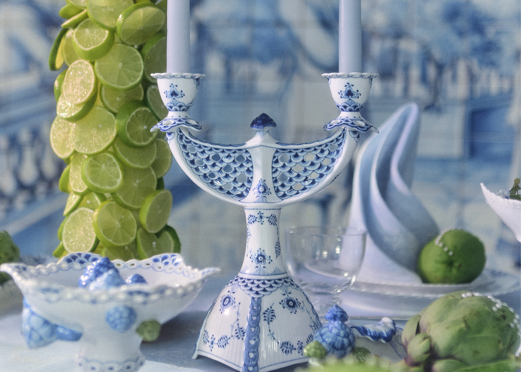 Blue Fluted Full Lace Candelabre on our light blue Heritage tablecloth